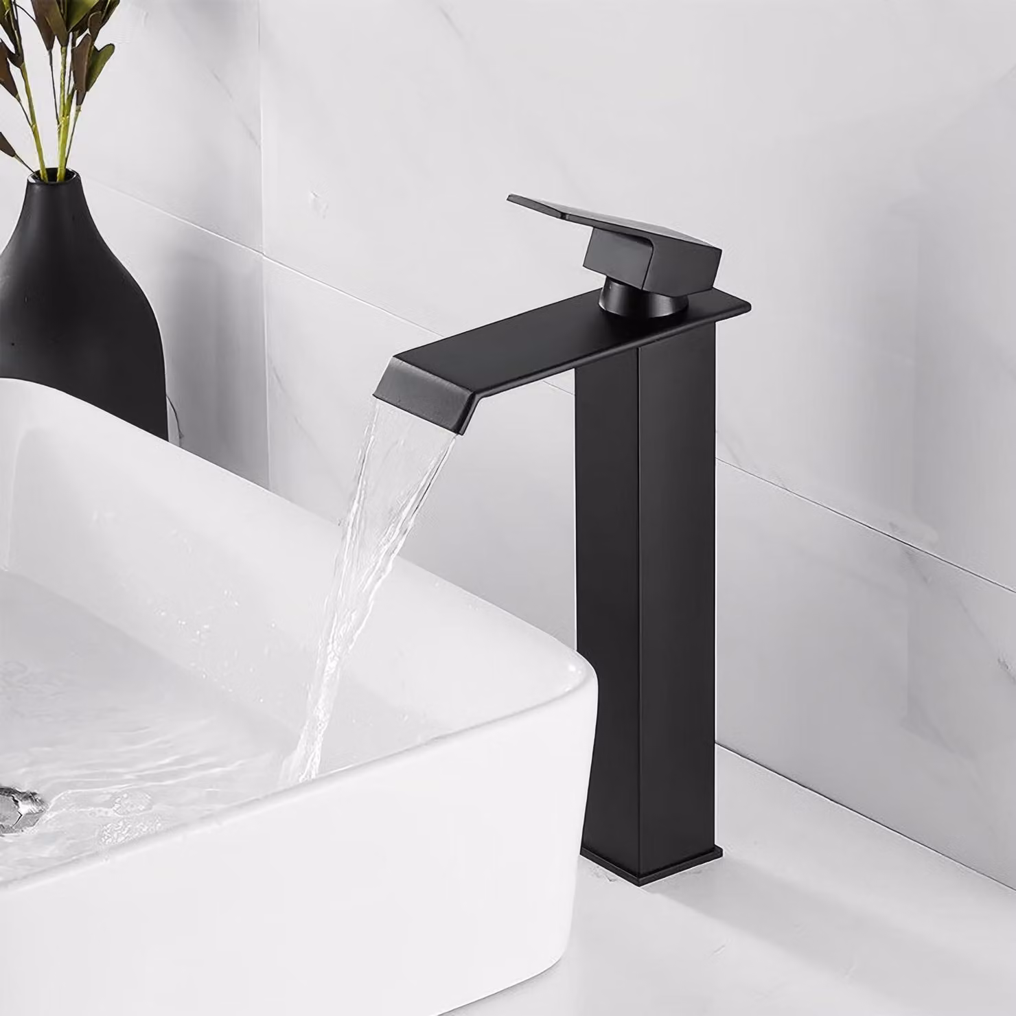 Miscelatore per lavabo a cascata, monocomando, acciaio inossidabile, nero