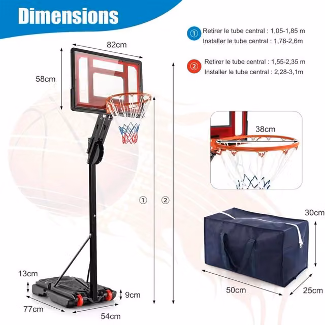 Canestro da Basket Nero con Supporto, Altezza Regolabile 105-260 cm, Base a 2 Ruote, Portatile per Giardino