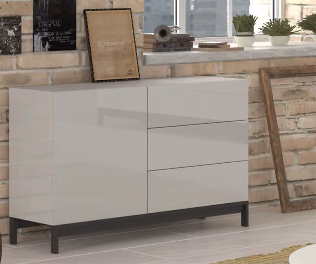 Credenza Metis 110 con piedistallo – 1 anta + 3 cassetti – Bianco Lucido