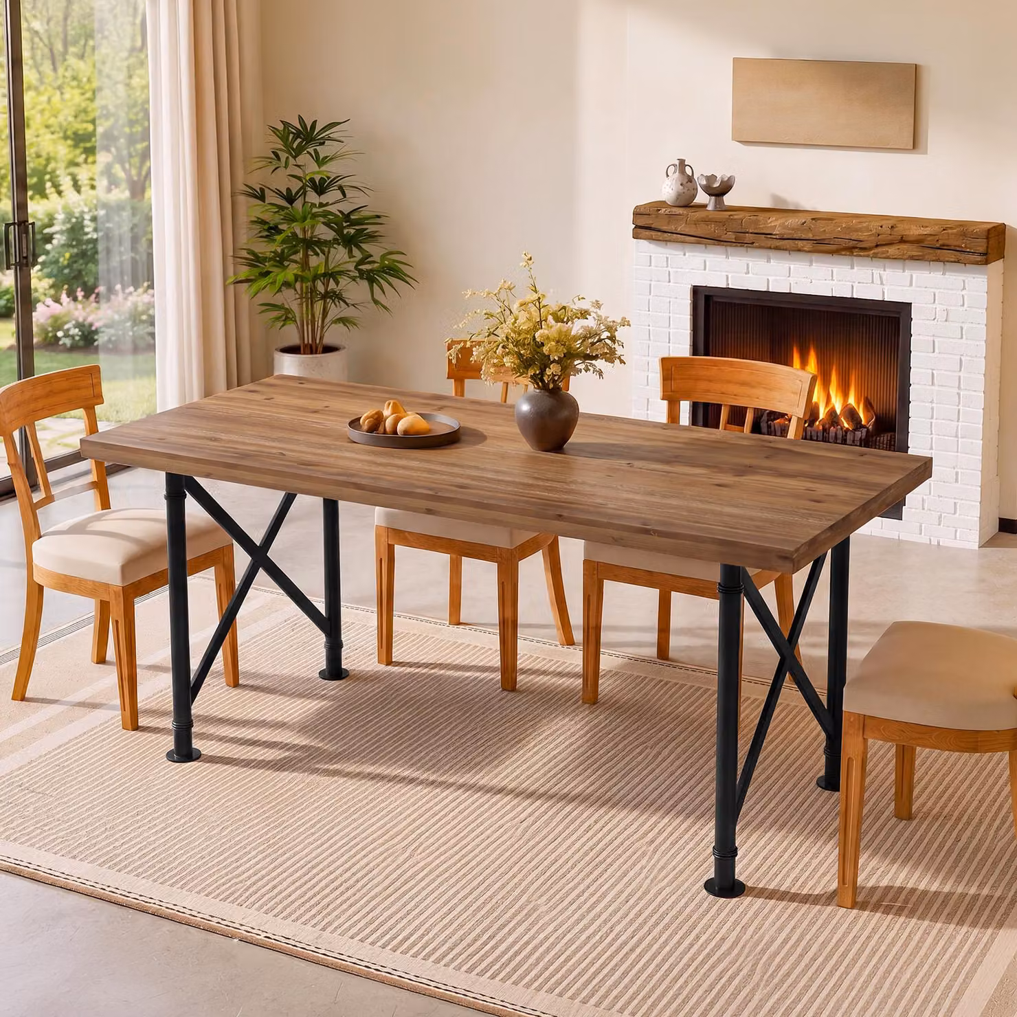 Tavolo da pranzo rettangolare di 160 cm, tavolo da cucina in legno massello con gambe robuste a forma di X, adatto per 4-6 persone