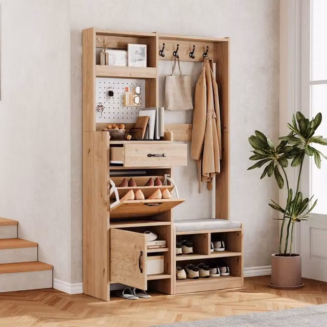 Mobile guardaroba multifunzione da ingresso WISHDOR con panca, 4 ganci, cassetto e 2 ante, Bianco/Beige, L: 108,5 cm, P: 35 cm, H: 180 cm
