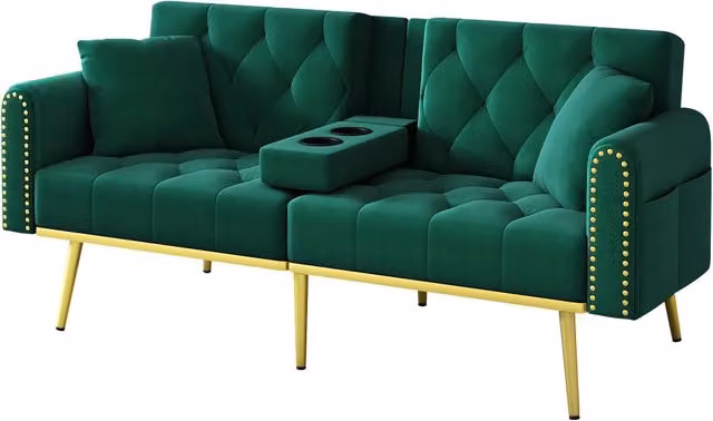 Divano Letto 2 Posti in Velluto Verde con Schienale Regolabile e Porta Bicchieri, Dimensioni 175x80x73,5 cm