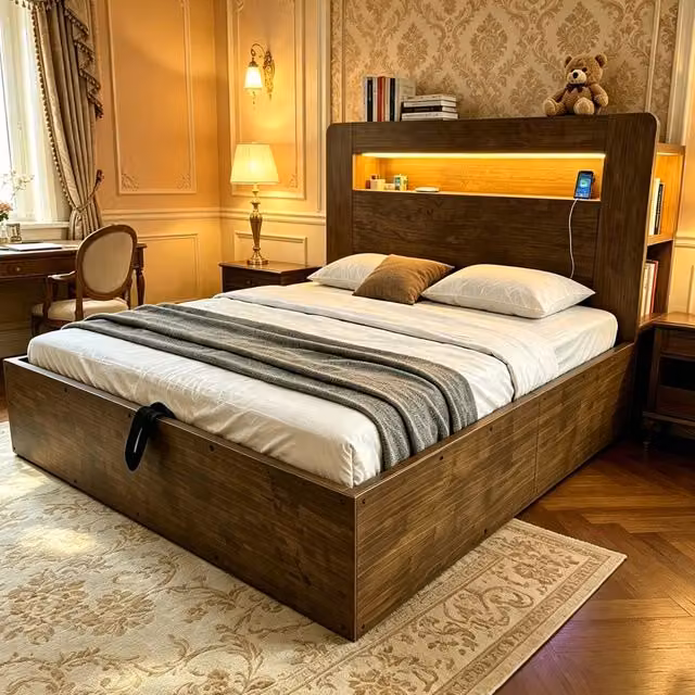 Letto contenitore 140 x 200 cm con contenitore idraulico, testiera con LED e prese, giroletto moderno, legno naturale