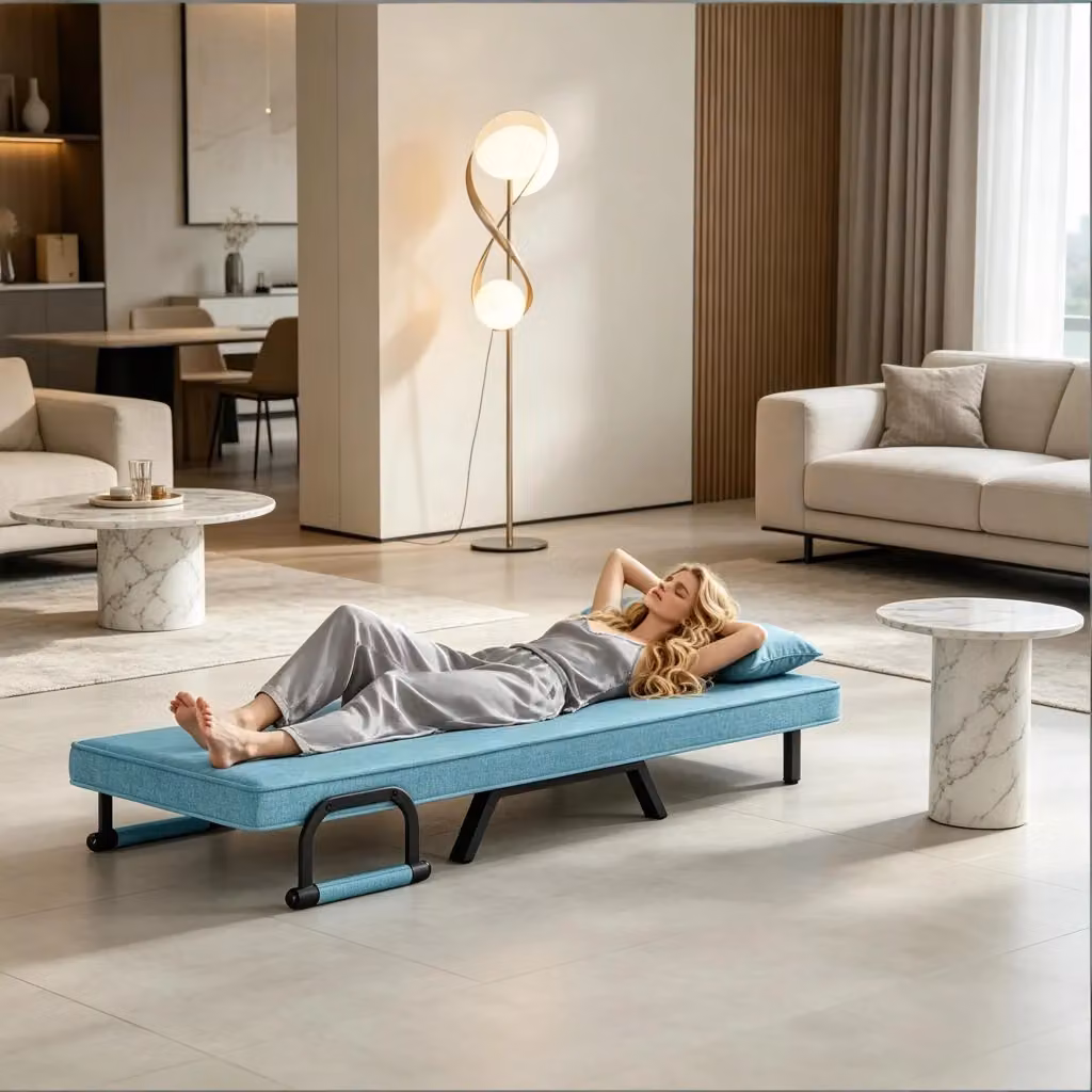 Sedia letto pieghevole 3 in 1 WISHDOR blu, convertibile in divano, chaise longue e letto singolo con struttura in metallo e imbottitura in schiuma – 2