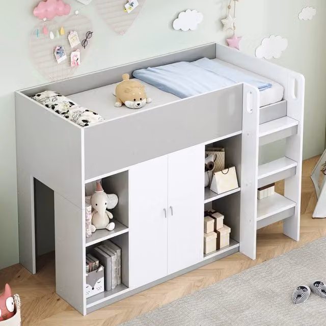 Letto a Soppalco Multifunzione con Armadio e Scaffali ¨C MINIMAL ¨C Grigio 90x200