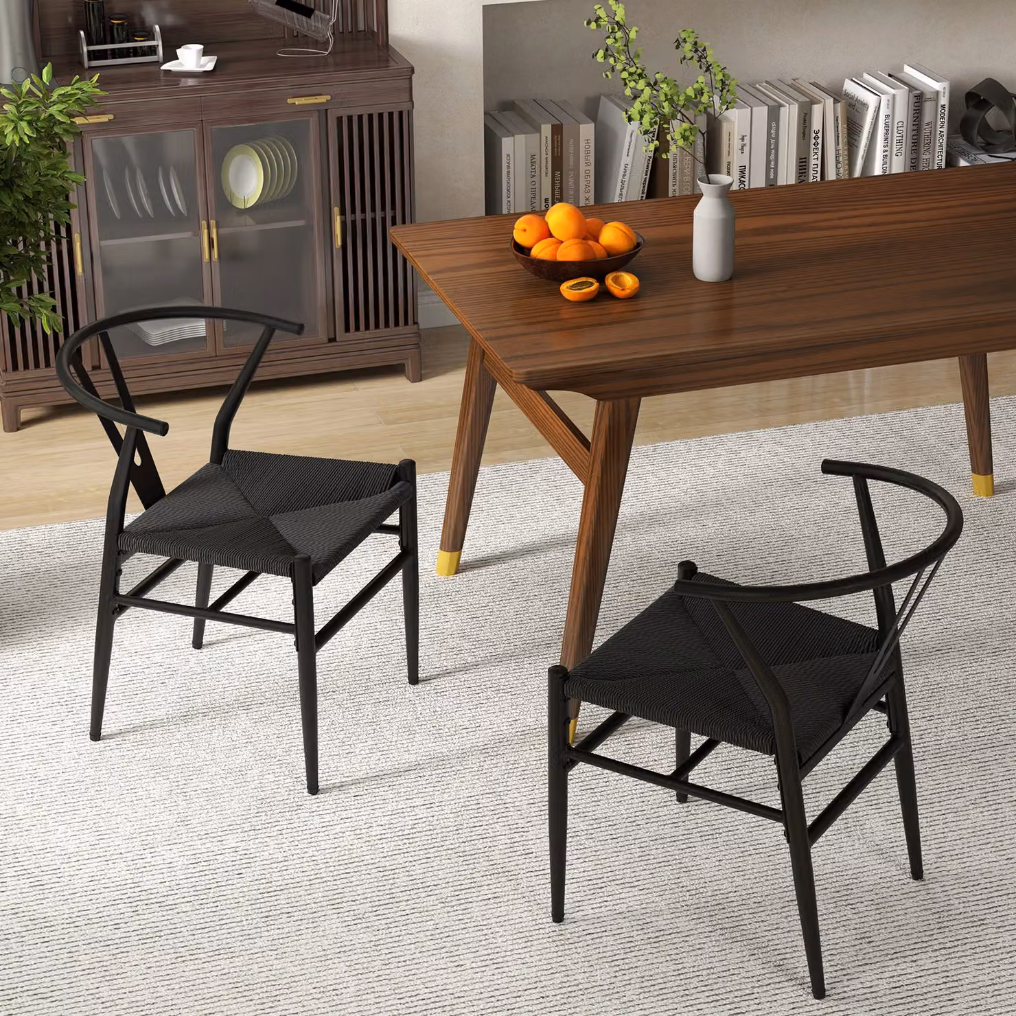 Sedie da cucina e d'accento impilabili Costway con schienale a forma di Y e seduta in rattan intrecciato, Nero