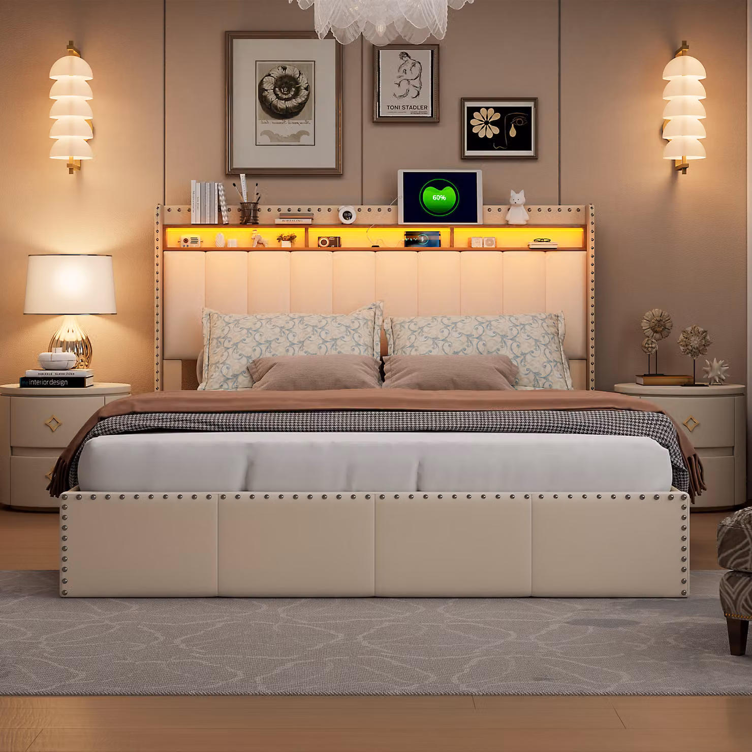 Letto imbottito 140x200cm con USB e rete a doghe, letto per ragazzi letto matrimoniale con contenitore, letto contenitore letto in legno massiccio con LED/tipo C e rete a doghe, velluto