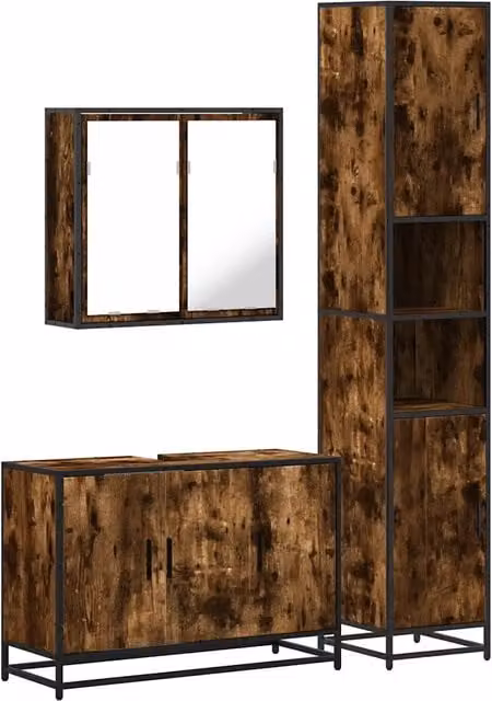 Set Mobili da Bagno | Armadio da bagno 3 pz Rovere Fumo in Legno Multistrato