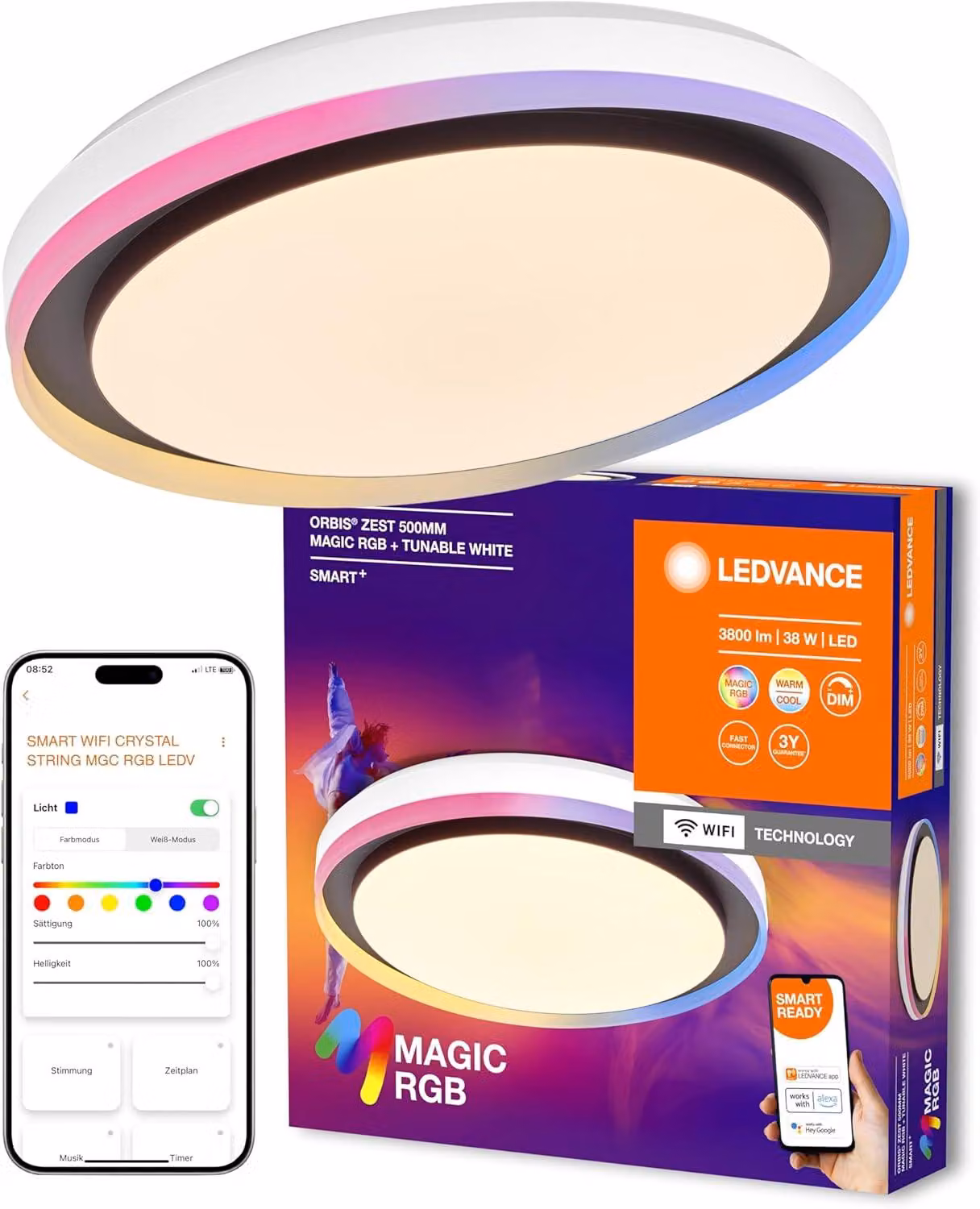 LEDVANCE SMART + WIFI Plafoniera LED, bianco/nero, 38W, 1050lm, funzione luce bianca, dimmerabile, effetto luce Magic RGB dinamico, lunga durata, facile installazione, controllabile tramite app, 2700 - 6500K