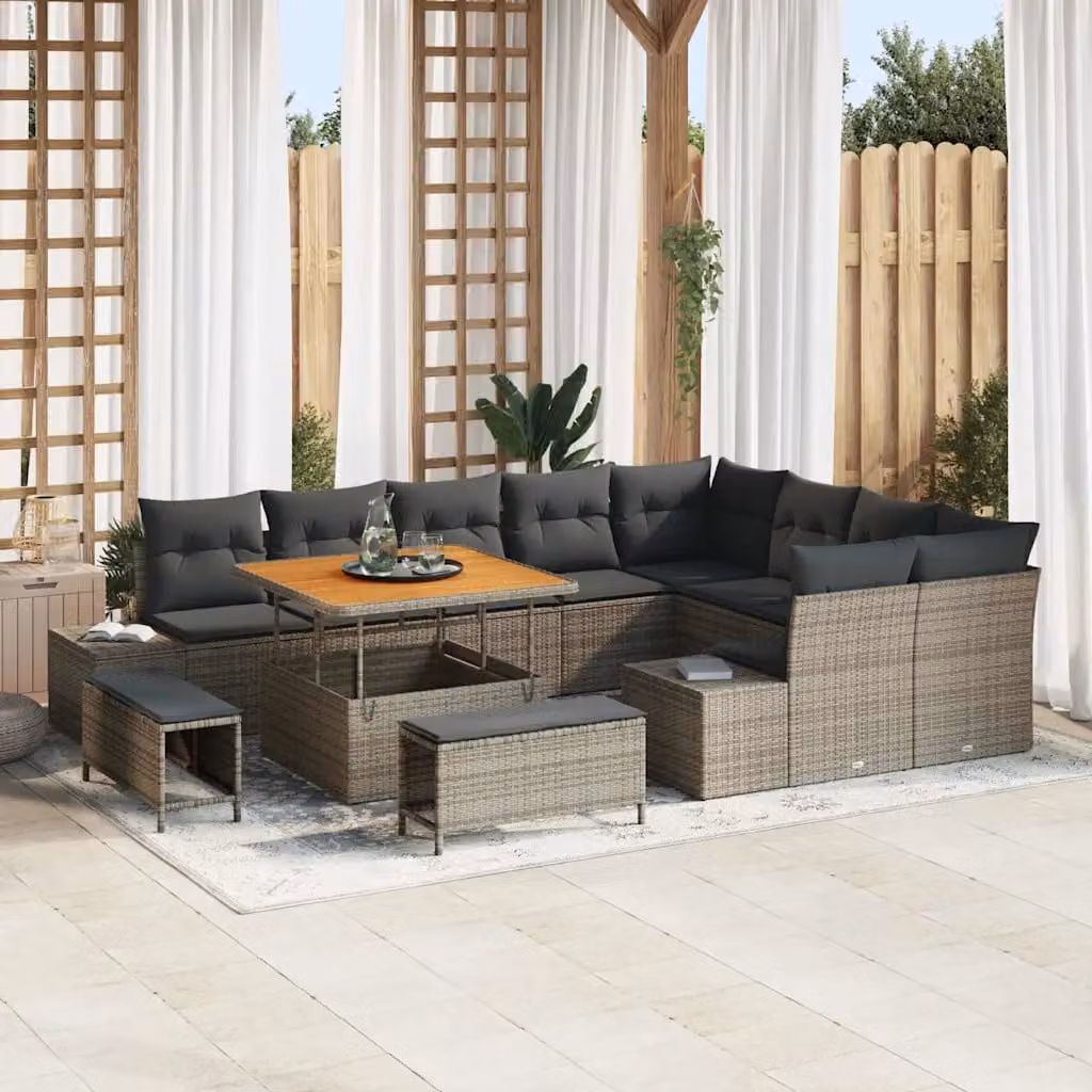 Set Divano da Giardino vidaXL in Polyrattan Grigio con Cuscini e Tavolino da 12 Pezzi – 1