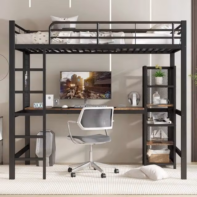 Letto a castello in metallo con scrivania e armadio a scaffali; scala a 5 ripiani; nero e noce scuro; 90x200 cm