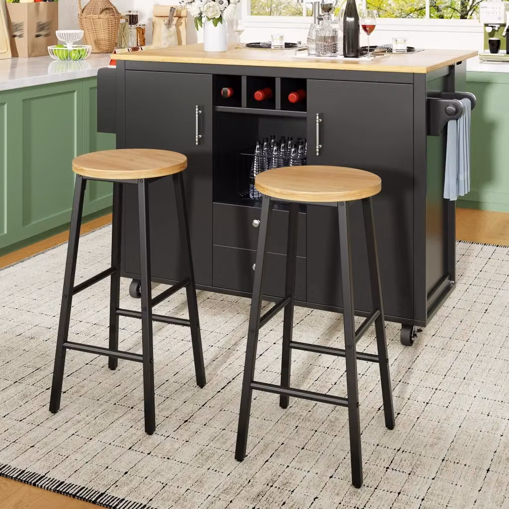 Set cucina Mivray con isola mobile e 2 sgabelli in MDF e metallo nero con piano pieghevole e vani portaoggetti – 2