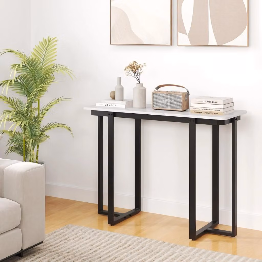 Tavolo console moderno Design Mania con piano in finto marmo e telaio geometrico in metallo per soggiorno o corridoio L: 107 cm, P: 40 cm, H: 79,5 cm – 2
