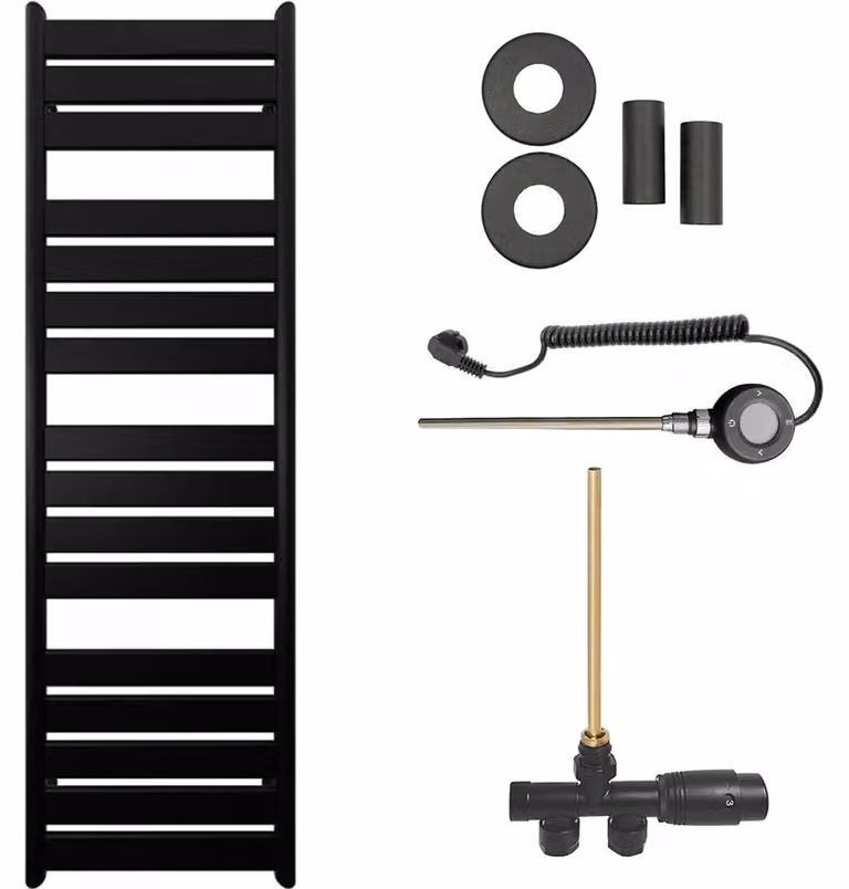 CERANO - Set radiatore da bagno Arturo - riscaldamento combinato, asta Wi-Fi - attacco laterale a punto singolo - 859 W - nero opaco - 1600 x 500 mm