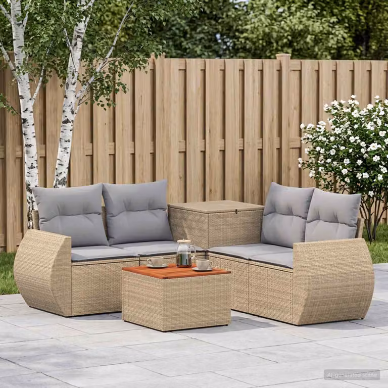 Set di divani da giardino vidaXL in polyrattan a forma di U con tavolino, 6 pezzi, beige e grigio chiaro