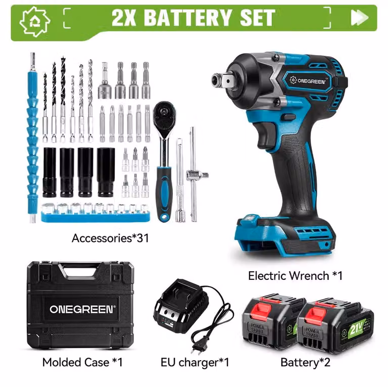 Avvitatore a impulsi elettrico - Avvitatore a impulsi a batteria - Coppia di 1000 Nm - Motore brushless - 1200 W - Attacco quadrato da 1,27 cm - 2 batterie