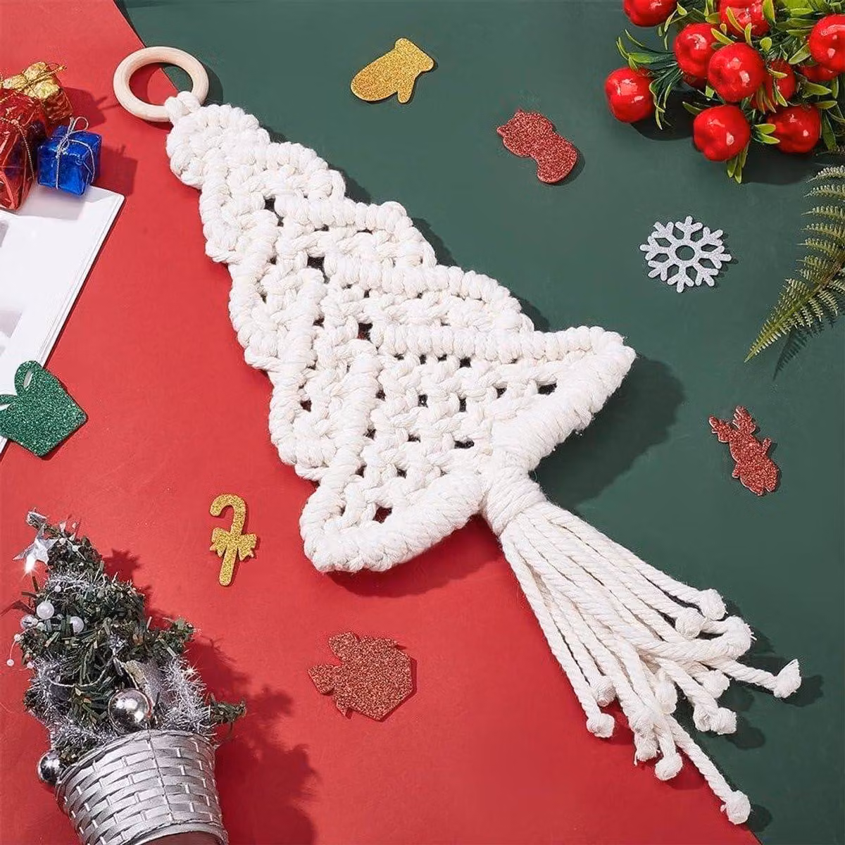 Kit per realizzare decorazioni natalizie in macramè fai-da-ci - Ornamenti natalizi bianchi naturali - Set di decorazioni per le feste con frange