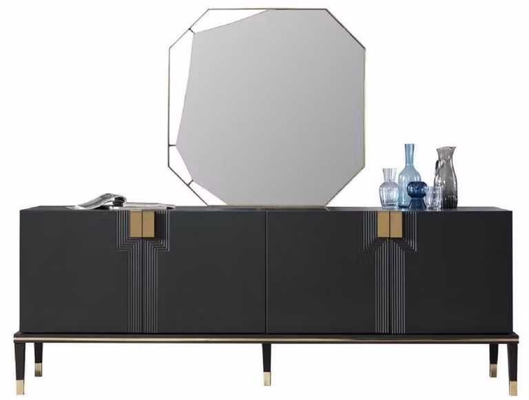 Casa Padrino set di mobili nero / oro - 1 credenza con 4 ante e 1 specchio - Mobili moderni in legno massiccio - Collezione