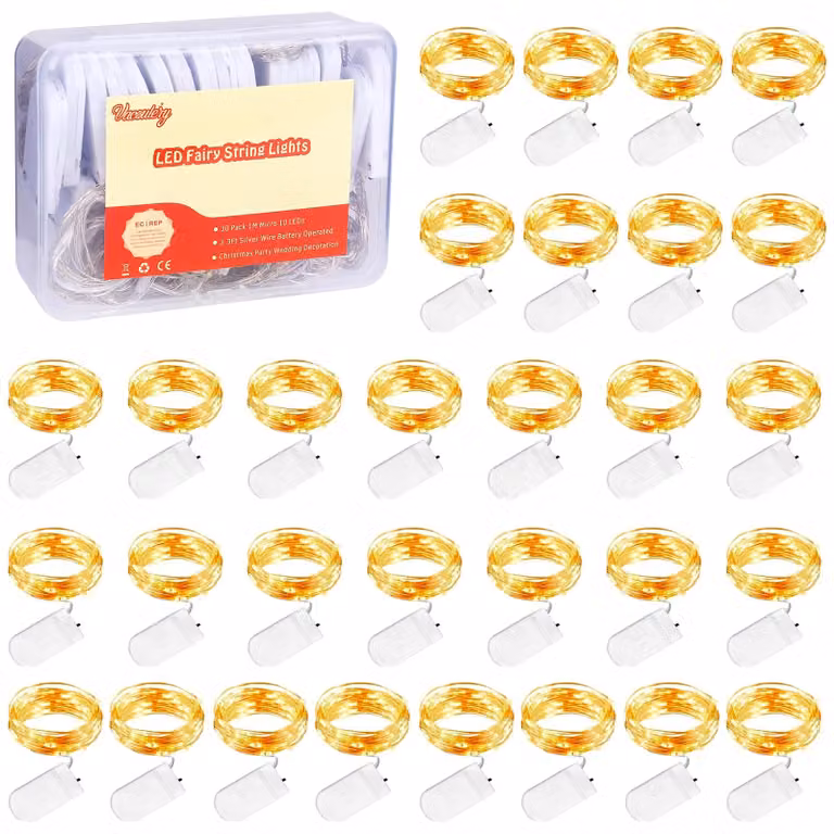 Catena luminosa a LED, 1 metro, 10 LED, luce bianco caldo, confezione da 30, alimentazione a batteria