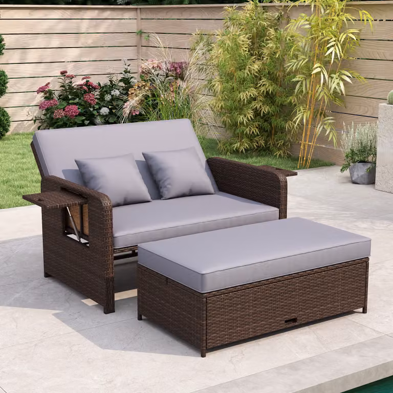 Set di 2 pezzi Costway Divano letto in rattan grigio per giardino e terrazzo con schienale regolabile e pouf contenitore