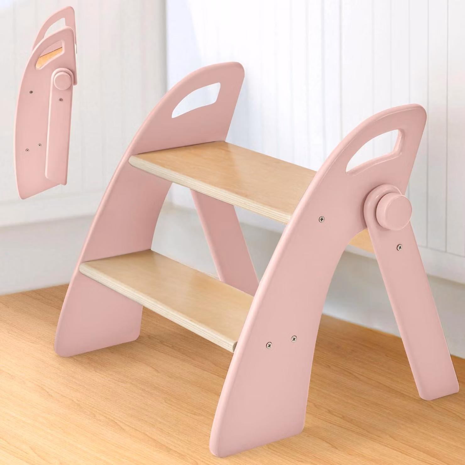 Scaletta per bambini, 2 gradini, in legno, pieghevole, con tappetino antiscivolo e maniglie, colore rosa