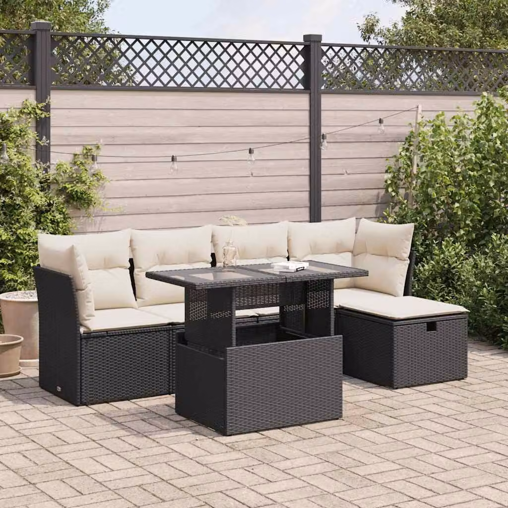 Set Divano da Giardino vidaXL 6 pz in Polyrattan Nero con Cuscini e Tavolino da Esterno