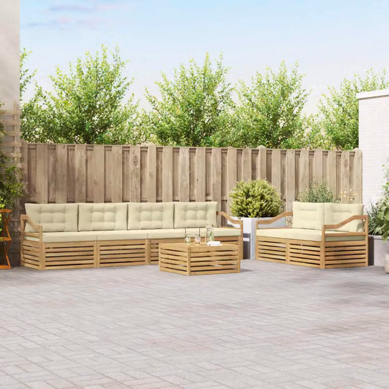 Set di divani da esterno vidaXL 7 pezzi in legno di acacia con cuscini, colore bianco e beige