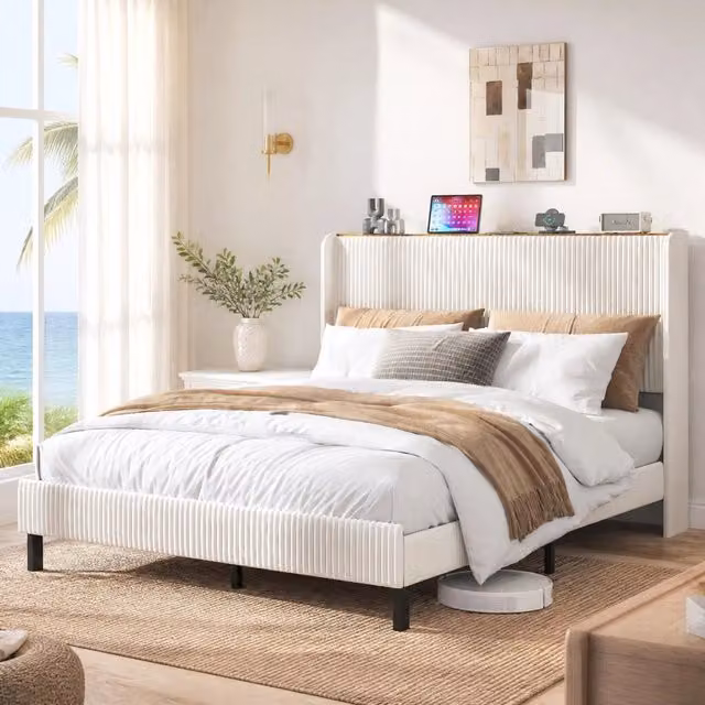 Letto matrimoniale 160x200 cm beige, testiera capitonné, struttura metallo, senza materasso