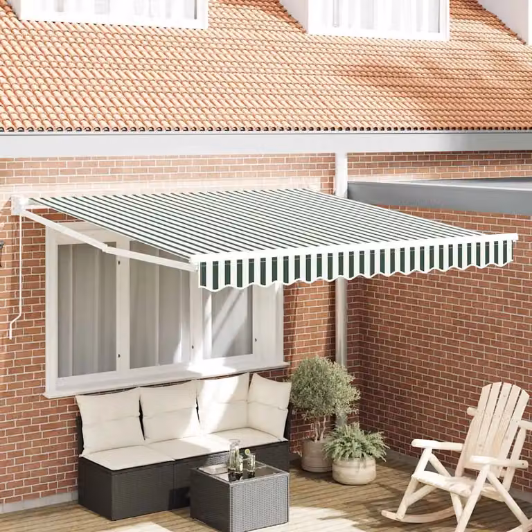 Tenda retrattile vidaXL con bracci pieghevoli in alluminio e tessuto in poliestere, Verde e Bianco, L: 300 cm, P: 250 cm, H: 165 cm