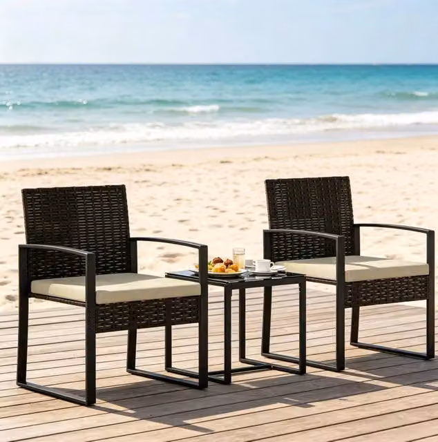Set da giardino bistrot ULEVR con tavolino in vetro e 2 poltrone con cuscini, rattan PE marrone, khaki e nero