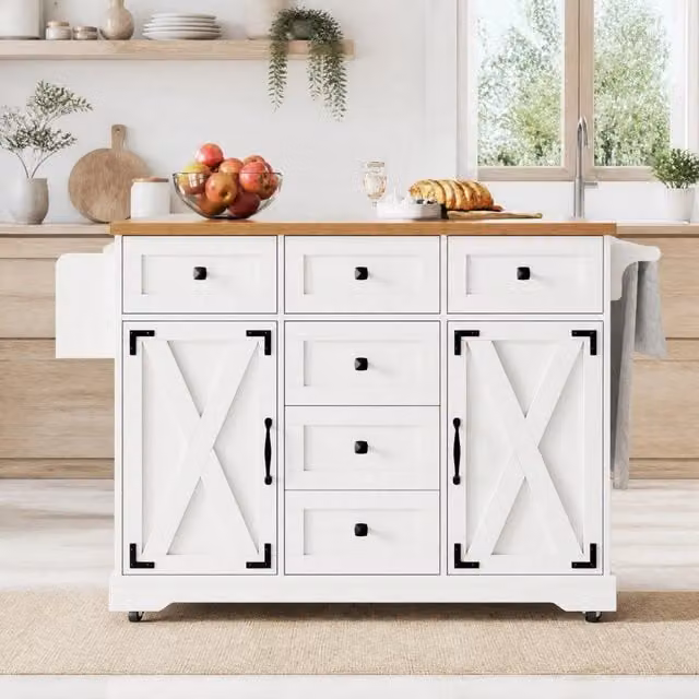 Isola da cucina pieghevole bianca effetto legno, carrello mobile 147x44x93 cm