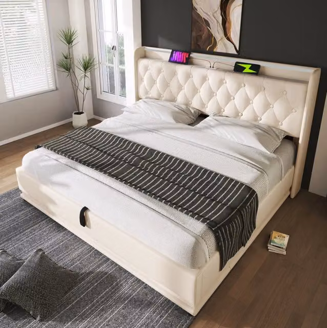 Letto matrimoniale MODFU con contenitore idraulico, illuminazione LED e porte USB, rivestimento in ecopelle bianca e materasso ibrido, L/P: 160 x 200 cm – 1