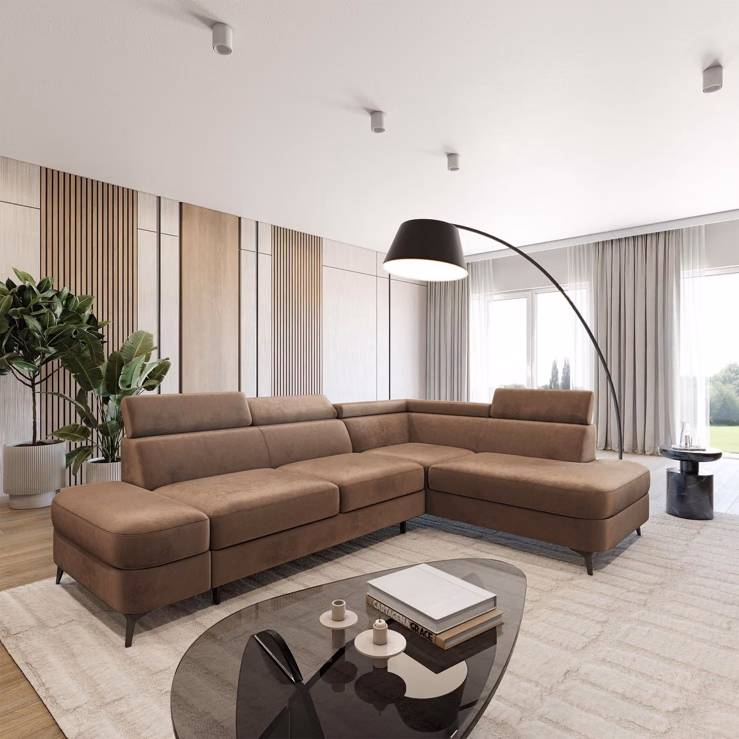 Divano ad angolo Masseno AVISE M R-S con funzione letto a L, divano con contenitore, divano da salotto, divanetto, divano letto, set divani - Beige, MONOLITH 09