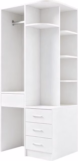 Armadio moderno bianco in MDF per camera da letto con 1 anta, ripiani aperti, cassetti interni e barra appendiabiti, L: 70 cm, P: 55 cm, H: 175 cm – 1
