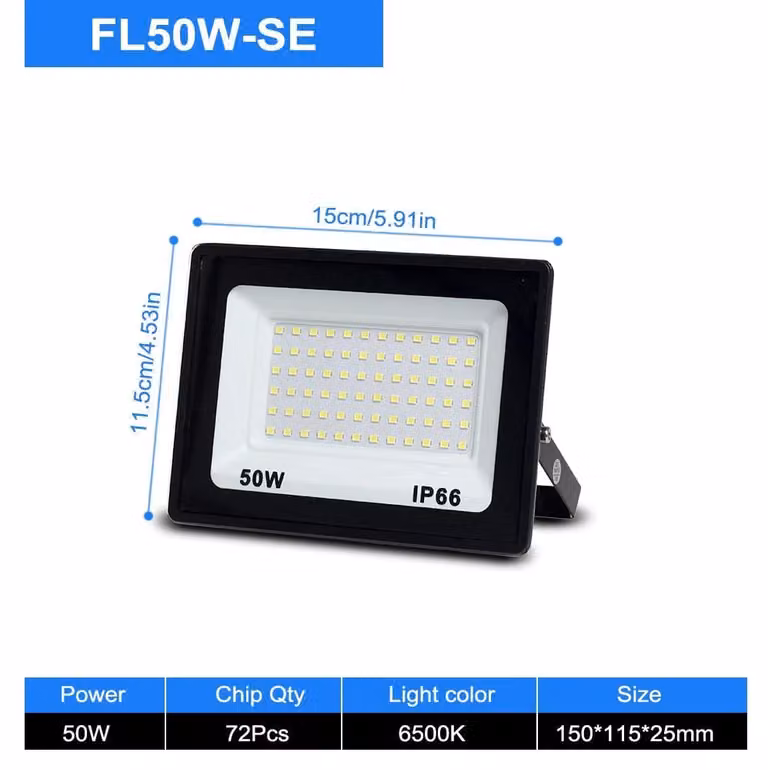 Faretto LED da esterno da 50W, 220V - Marca DOB - Chip LED 2835 - Angolo di illuminazione ampio a 180° - Grado di protezione IP66 (resistente all'acqua) - Schermo in policarbonato trasparente - Corpo in alluminio