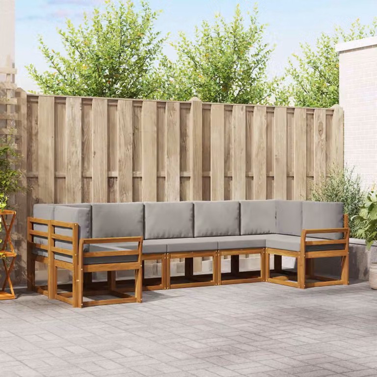 Set di divani da esterno vidaXL a forma di L composto da 7 pezzi in legno di acacia con cuscini, colore marrone e grigio chiaro