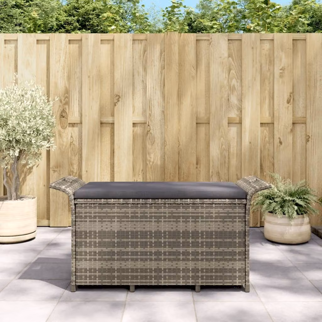 The Living Store Panca da giardino con cuscini Grigio 116x46x57 cm Poly Rattan