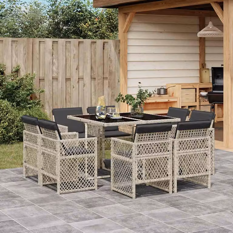 Set da pranzo da giardino vidaXL in polyrattan con piano in vetro e 9 pezzi, Grigio Antracite