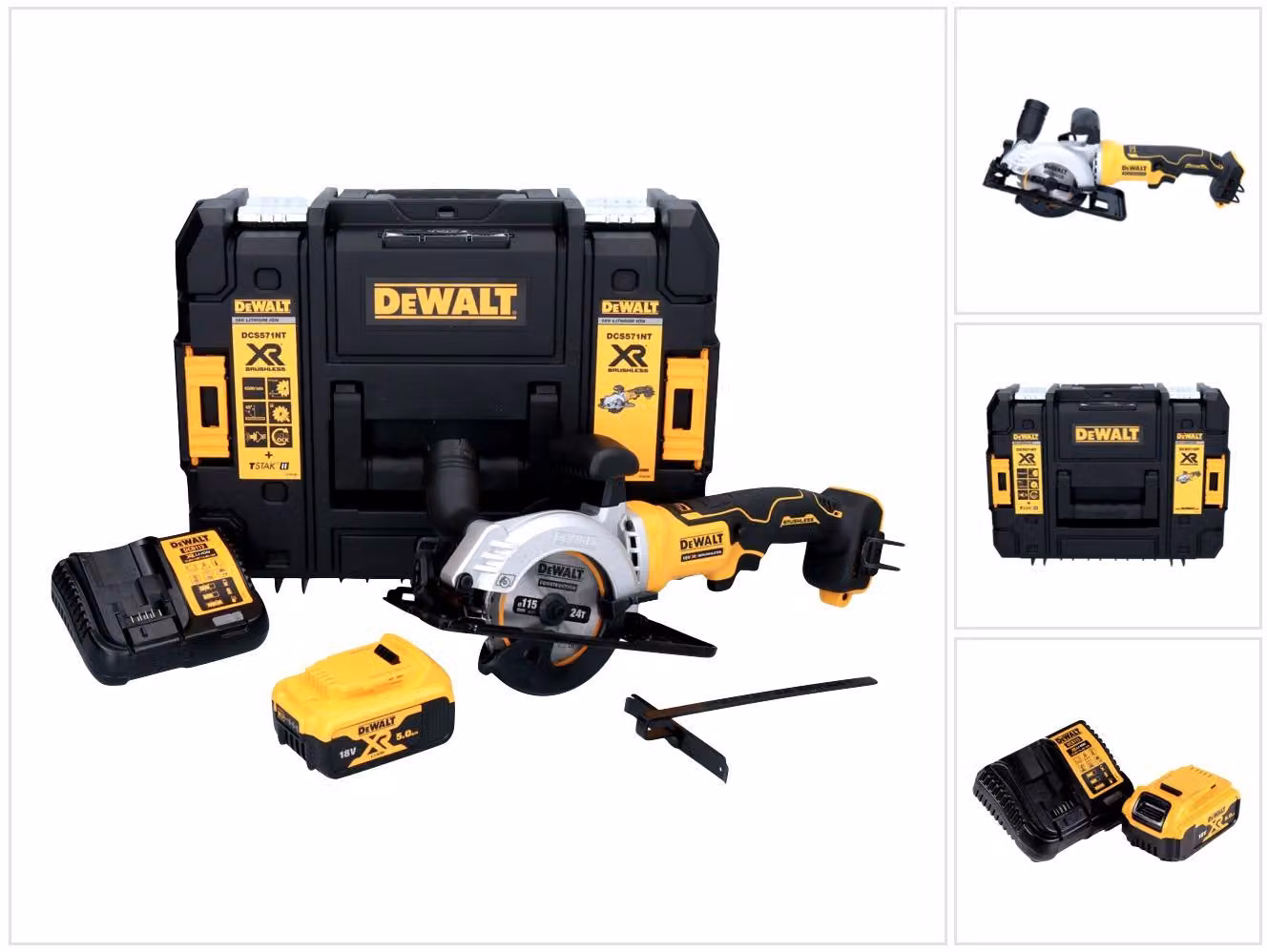 Sega circolare a batteria DeWalt DCS 571 P1 18 V 115 mm senza spazzole + 1x batteria 5,0 Ah + caricabatterie + TSTAK