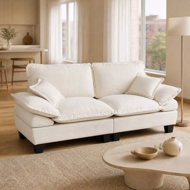 Divano 2 posti 194x82x90 cm beige, braccioli rimovibili, chenille, struttura in legno