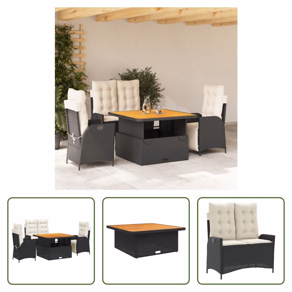 The Living Store Set da pranzo da giardino 4 pezzi con cuscini in poly rattan nero
