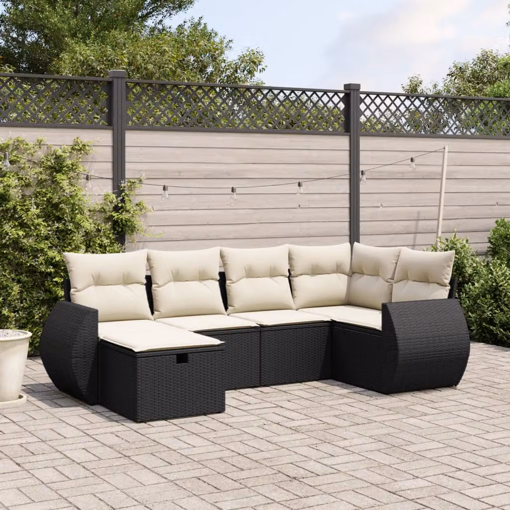 vidaXL Set Divano da Giardino a L 6 pz con Cuscini Nero e Bianco in Polyrattan e Acciaio Verniciato a Polvere – 1