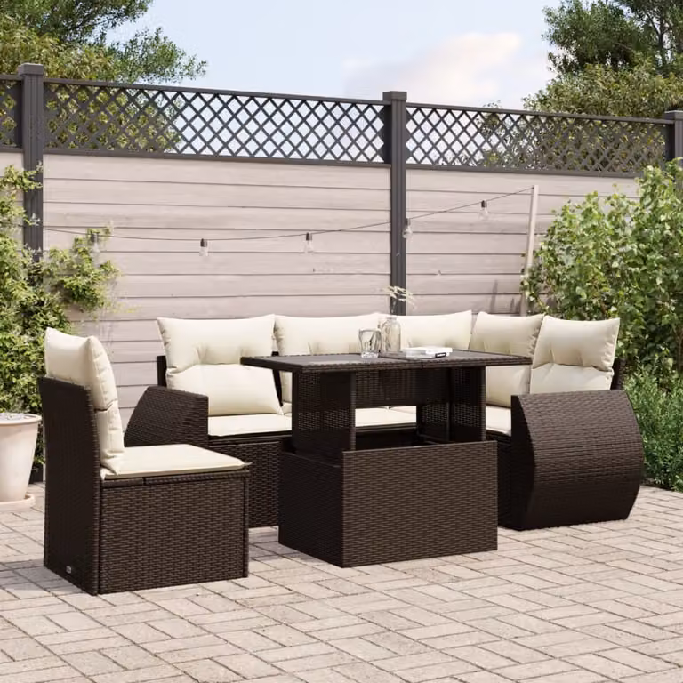 Set Divano da Giardino 6 pz vidaXL in Polyrattan Marrone con Cuscini e Tavolino in Vetro