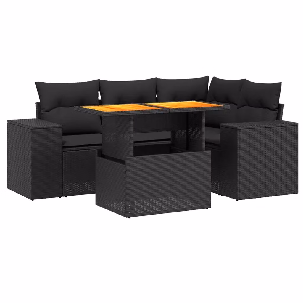 Set di Divani da Giardino vidaXL 5 Pezzi in Polyrattan Nero con Cuscini e Tavolino da Esterno a Forma di L – 2
