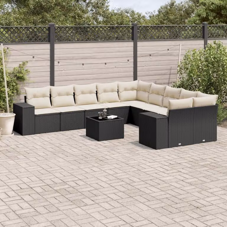 vidaXL Set Divani da Giardino 11 pz in Polyrattan Nero con Cuscini e Tavolino da Esterno