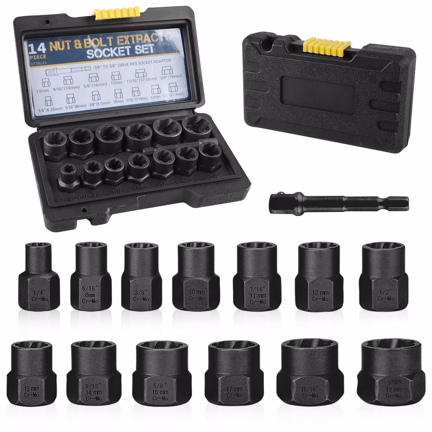 Set di estrattori per viti, composto da 14 pezzi, con adattatore esagonale, da 6,35 a 19 mm, ideale per il fai-da-te