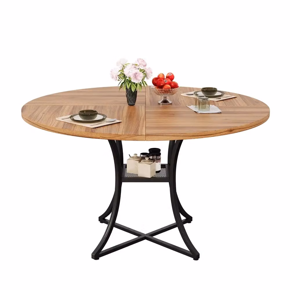 Tavolo da pranzo rotondo Minimal in legno effetto noce e metallo nero per 4-6 persone, Diametro: 100 cm, Altezza: 75 cm – 2