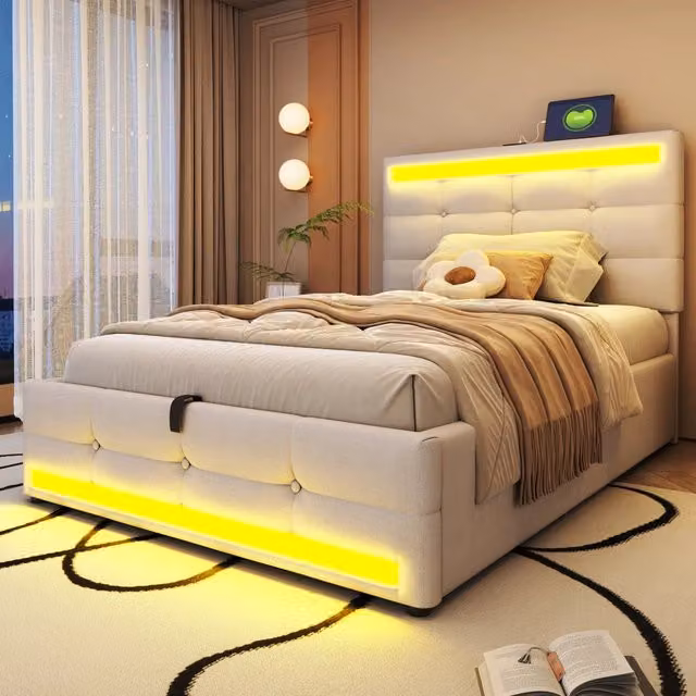 Letto singolo Mivray in tessuto beige con cassetti, illuminazione LED RGB, porta USB e testiera regolabile, L/P/H: 90 x 200 x 112 cm