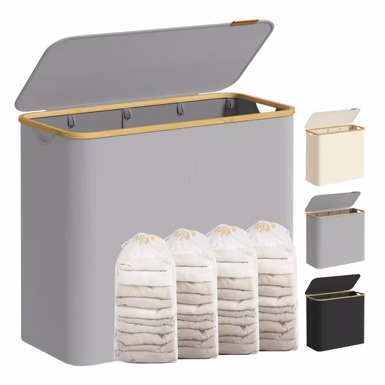 Cesto Portabiancheria con Coperchio, Grigio Tortora / 200L (4 Scomparti)