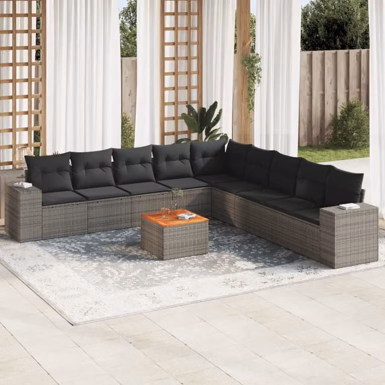 Set Divano da Giardino 10 pz vidaXL in Polyrattan Grigio con Cuscini e Tavolino da Esterno a Forma di L